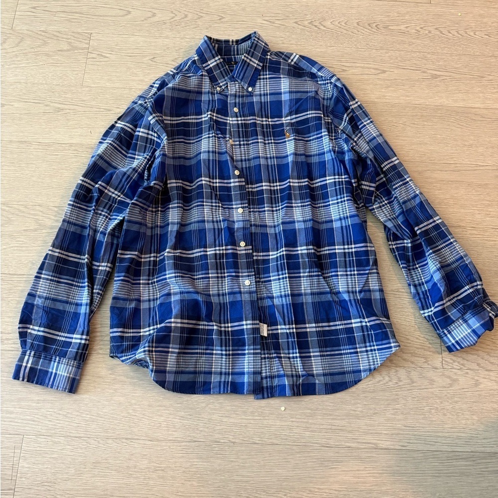Ralph Lauren Men Button Down Shirt Long Sleeve Cotton Blue Plaid Pony Size XL